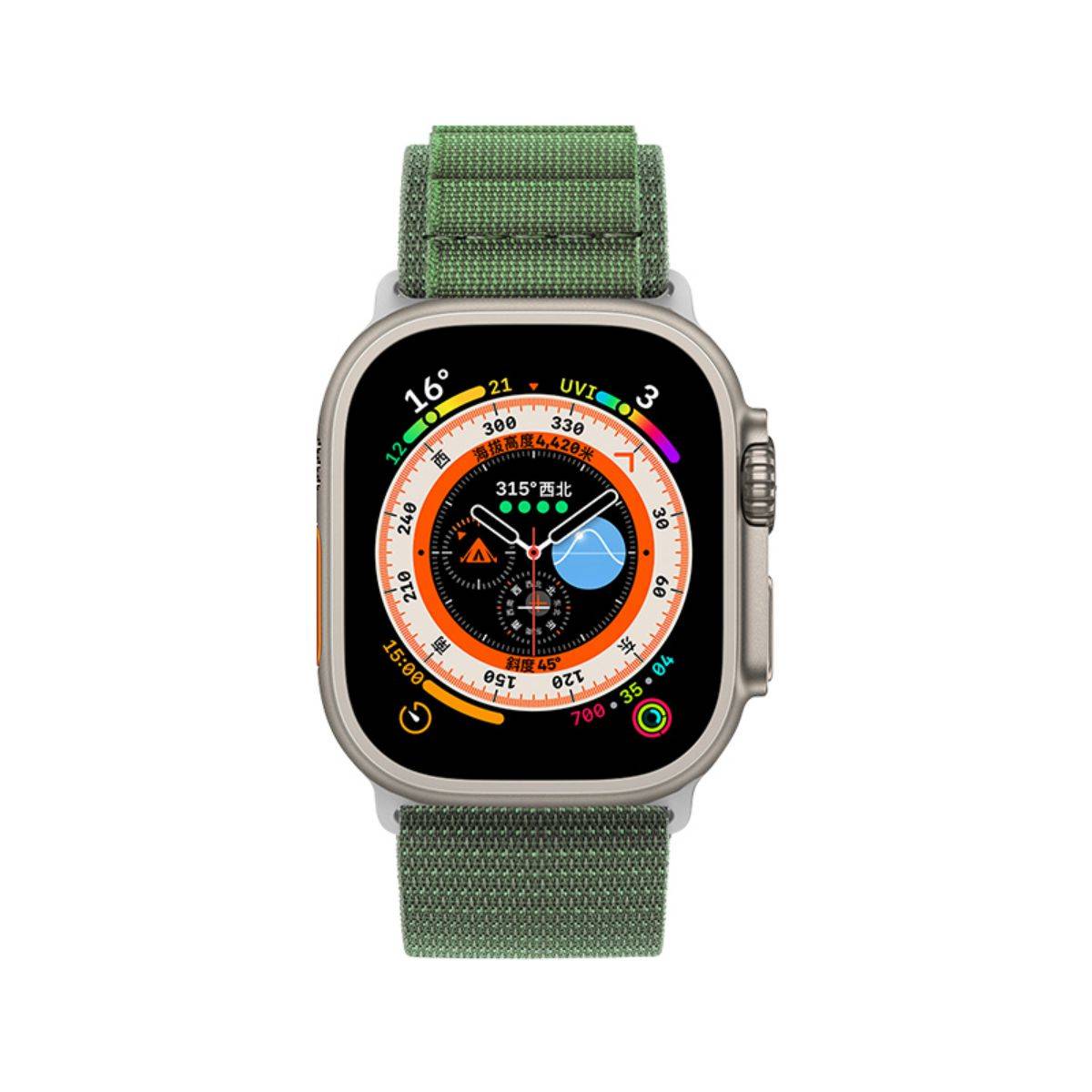 Front view of an Apple Watch Ultra with the green Mountain Series Nylon Band, highlighting its stylish and functional design.